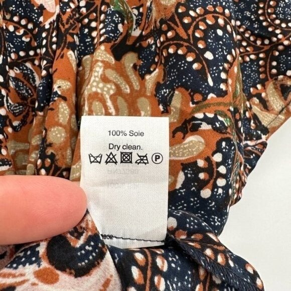 Madewell Navy Silk Cold Shoulder Sea Floral Boxy Flowy Tassel Cropped XS Blouse - Picture 6 of 10